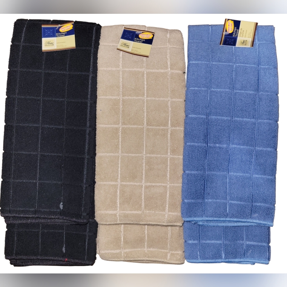 6 Piece Home Collection Kitchen Hand Towels (Black/Tan/Blue)